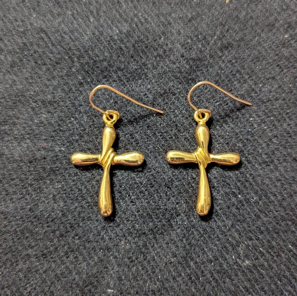 Gold Tone Cross Dangle Statement Earrings